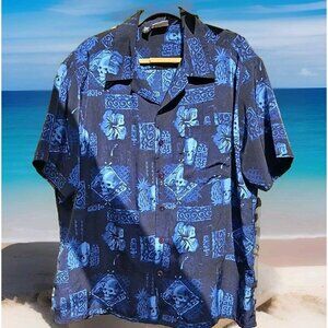Kennington Ltd Vintage Shirt Mens Sz XL Blue Hawaiian Tapa Skull Pineapple Print